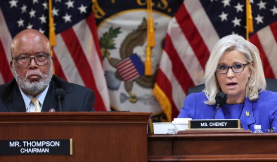 Mississippi Democrat Rep. Bennie Thompson, left, chairman of the Select Committee to Investigate the January 6th Attack on the U.S. Capitol, is seen with Vice Chairwoman Rep. Liz Cheney of Wyoming at Thursday's proceedings.