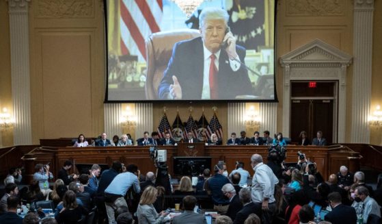 An image of former President Donald Trump is displayed during the third hearing of the House Select Committee to Investigate the Jan. 6 Attack on the U.S. Capitol in Washington, D.C., on Thursday.