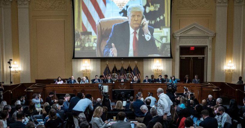 An image of former President Donald Trump is displayed during the third hearing of the House Select Committee to Investigate the Jan. 6 Attack on the U.S. Capitol in Washington, D.C., on Thursday.