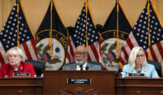 Rep. Zoe Lofgren, left, Rep. Bennie Thompson, center, and Rep. Liz Cheney listen during a hearing on the investigation into the Capitol incursion on Monday in Washington, D.C.