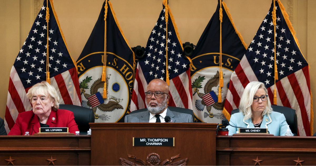 Rep. Zoe Lofgren, left, Rep. Bennie Thompson, center, and Rep. Liz Cheney listen during a hearing on the investigation into the Capitol incursion on Monday in Washington, D.C.