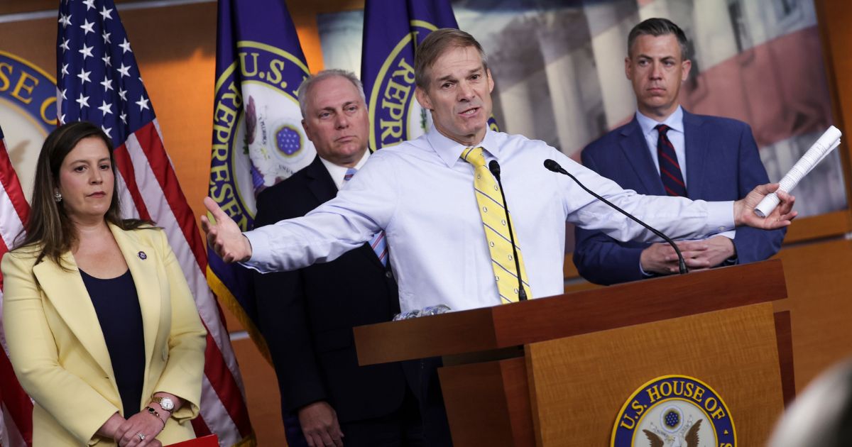 Rep. Jim Jordan, center, speaks at a news conference at the U.S. Capitol on June 8 in Washington, D.C.