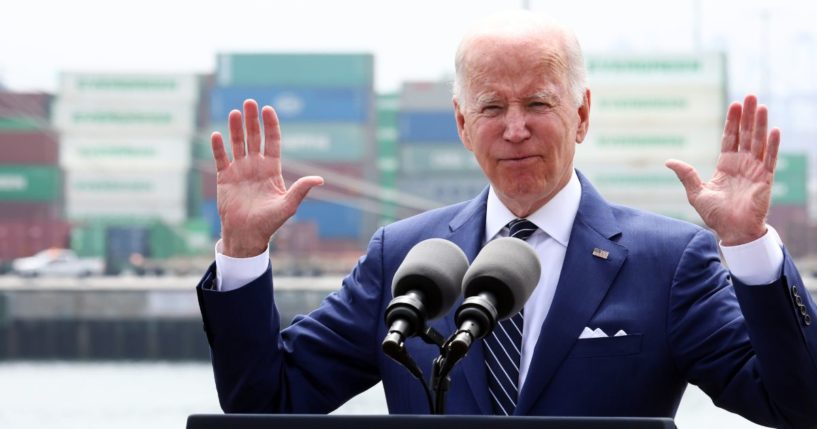 President Joe Biden delivers remarks at the Port of Los Angeles on Friday in Los Angeles.