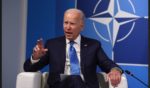 Joe Biden speaks to members of the press at the NATO Summit Wednesday in Madrid.