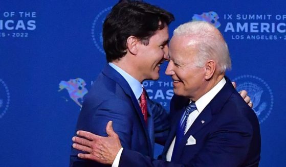 President Joe Biden, right, greets Canada's Prime Minister Justin Trudeau, left, at the Summit of the Americas in Los Angeles, California, on Wednesday.