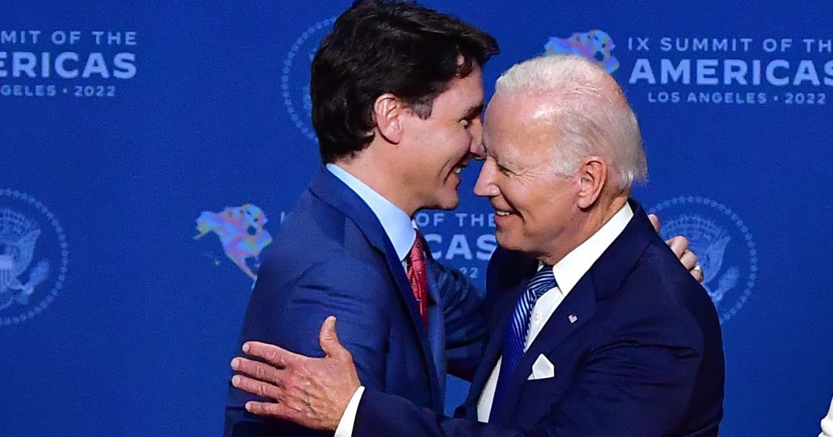 President Joe Biden, right, greets Canada's Prime Minister Justin Trudeau, left, at the Summit of the Americas in Los Angeles, California, on Wednesday.
