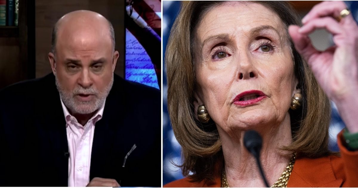 Fox News host Mark Levin, left, speaks on the Wednesday episode of "Hannity." Speaker of the House Nancy Pelosi speaks during her weekly news briefing on Capitol Hill in Washington, D.C., on Thursday.