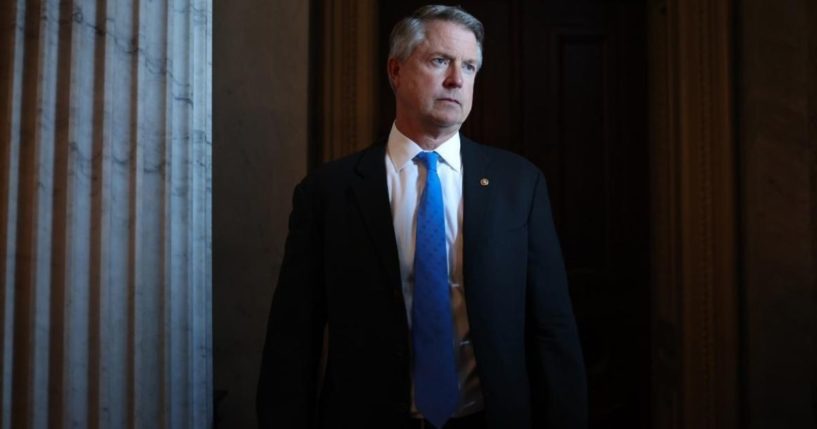 GOP Sen. Roger Marshall of Kansas departs from an event with Senate Republicans in the U.S. Capitol building on Aug. 5, 2021, in Washington, D.C.