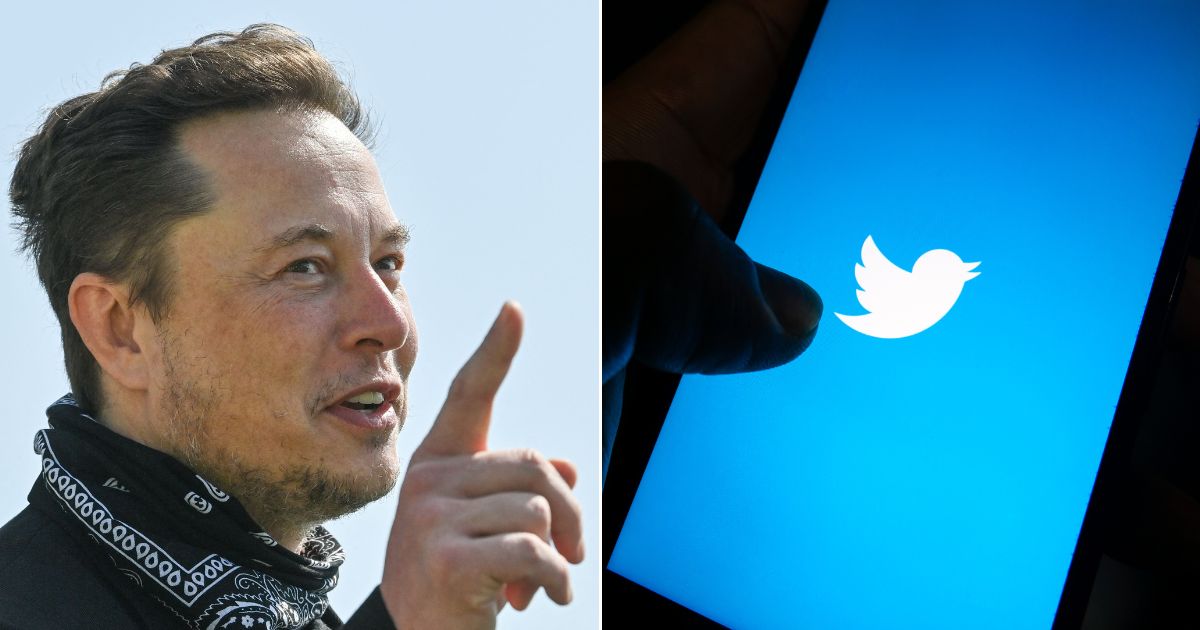 At left, Elon Musk gestures during a visit at the Tesla Gigafactory plant under construction near Berlin on Aug. 13, 2021. At right, the Twitter logo is seen on a smartphone.