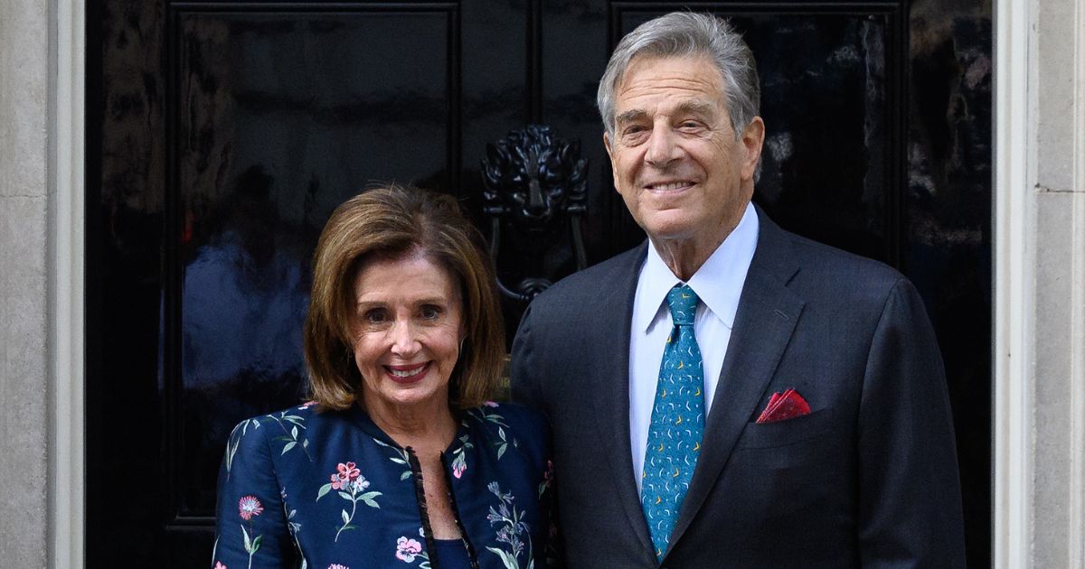 House Speaker Nancy Pelosi and her husband, Paul Pelosi, arrive for a meeting with Prime Minister Boris Johnson at 10 Downing St. in London on Sept. 16, 2021.
