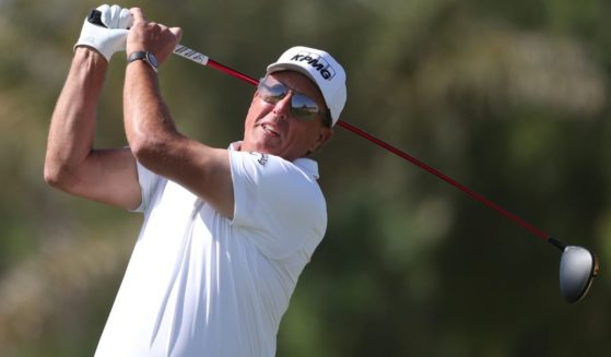 Phil Mickelson tees off during the PIF Saudi International at Royal Greens Golf & Country Club on Feb. 5 in Al Murooj, Saudi Arabia.