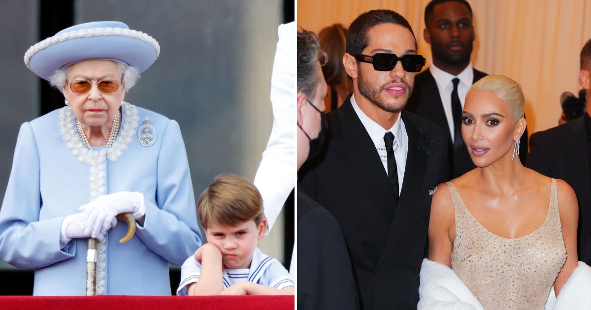 Queen Elizabeth II and Prince Louis of Cambridge side-by-side with Kim Kardashian and Pete Davidson