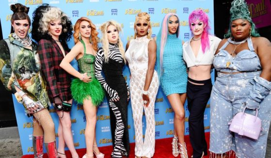 The drag queens from the television show RuPaul's Drag Race, from left to right Daya Betty, Bosco, Jasmine Kennedie, Willow Pill, Angeria Paris VanMicheals, Kerri Colby, Lady Camden and Kornbread 'The Snack' Jeté, stand on the red carpet at the RuPaul's Drag Race Season 14 FYC Party in West Hollywood, California, on June 16.