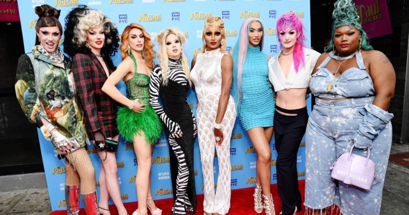 The drag queens from the television show RuPaul's Drag Race, from left to right Daya Betty, Bosco, Jasmine Kennedie, Willow Pill, Angeria Paris VanMicheals, Kerri Colby, Lady Camden and Kornbread 'The Snack' Jeté, stand on the red carpet at the RuPaul's Drag Race Season 14 FYC Party in West Hollywood, California, on June 16.