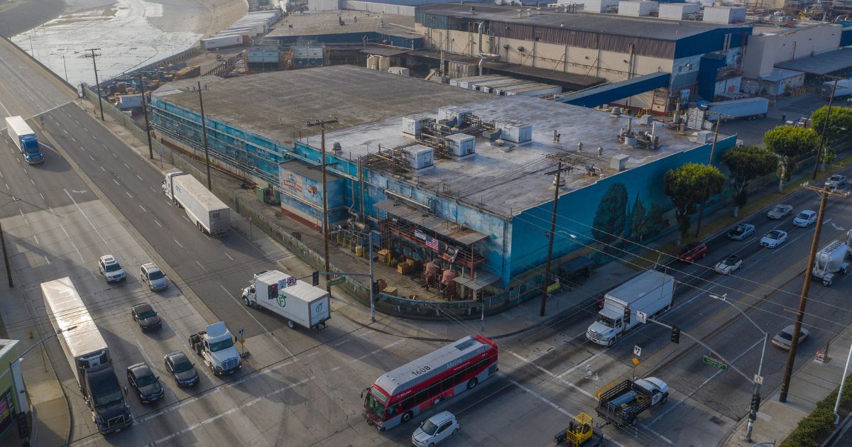 An aerial view shows the Farmer John slaughterhouse in Vernon, California. Smithfield Foods has announced it will be shutting down its operations in California due to high taxes, inflation and heavy regulations.
