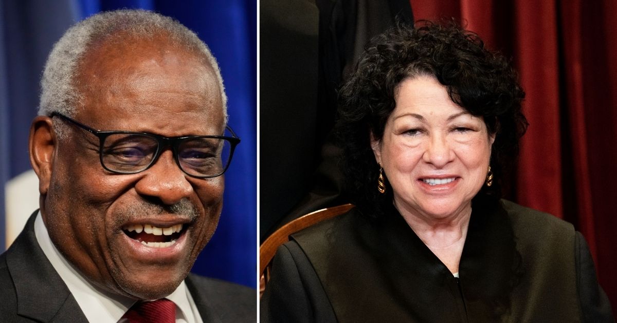 Supreme Court Justice Clarence Thomas, left, speaks at The Heritage Foundation on Oct. 21, 2021, in Washington, D.C. Justice Sonia Sotomayor poses at the Supreme Court in Washington, D.C., on April 23, 2021.