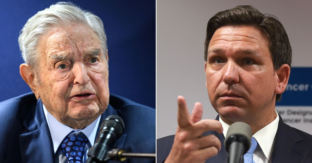 At left, Hungarian-born billionaire George Soros answers questions after delivering a speech on the sidelines of the World Economic Forum's annual meeting in Davos on May 24. At right, Florida Gov. Ron DeSantis speaks during a news conference at the University of Miami Health System Don Soffer Clinical Research Center in Miami on May 17.