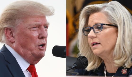 At left, former President Donald Trump speaks during a "Save America" rally at the Adams County Fairgrounds in Mendon, Illinois, on Saturday. At right, Wyoming Rep. Liz Cheney looks on during a hearing of the House select committee investigating the Jan. 6 incursion in Washington on Tuesday.