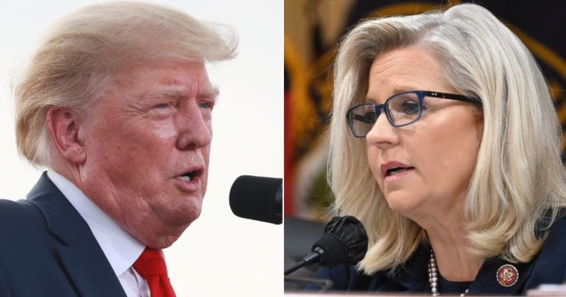 At left, former President Donald Trump speaks during a "Save America" rally at the Adams County Fairgrounds in Mendon, Illinois, on Saturday. At right, Wyoming Rep. Liz Cheney looks on during a hearing of the House select committee investigating the Jan. 6 incursion in Washington on Tuesday.