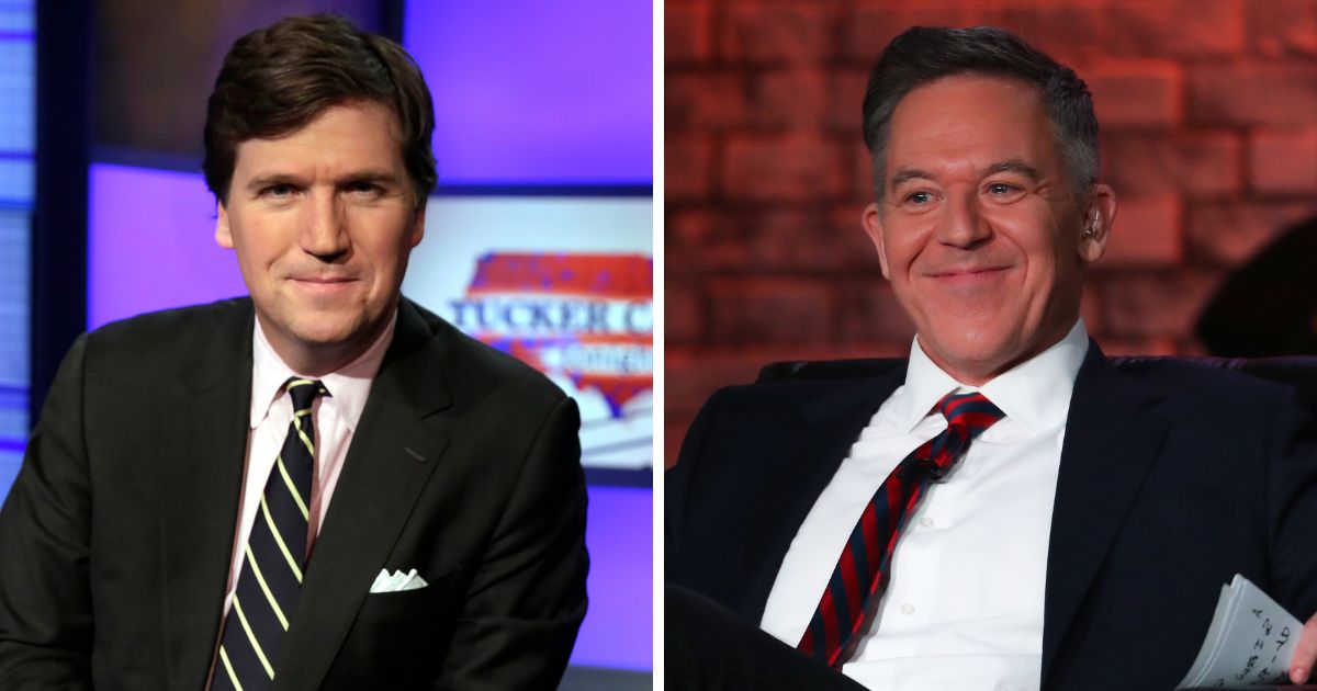 Fox News personalities Tucker Carlson, left, and Greg Gutfeld, right.