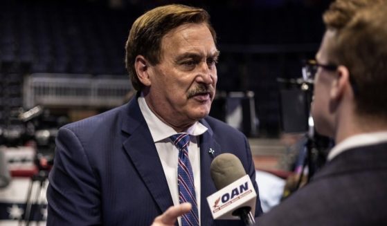 MyPillow CEO Mike Lindell speaks to reporters before former President Donald Trump spoke at a rally on May 28, 2022, in Casper, Wyoming. The rally was held to support Wyoming Rep. Liz Cheney’s primary challenger, Harriet Hageman.