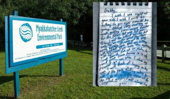 A sign for the Florida nature preserve where Brian Laundrie's remains were found. Inset: A page from his notebook.
