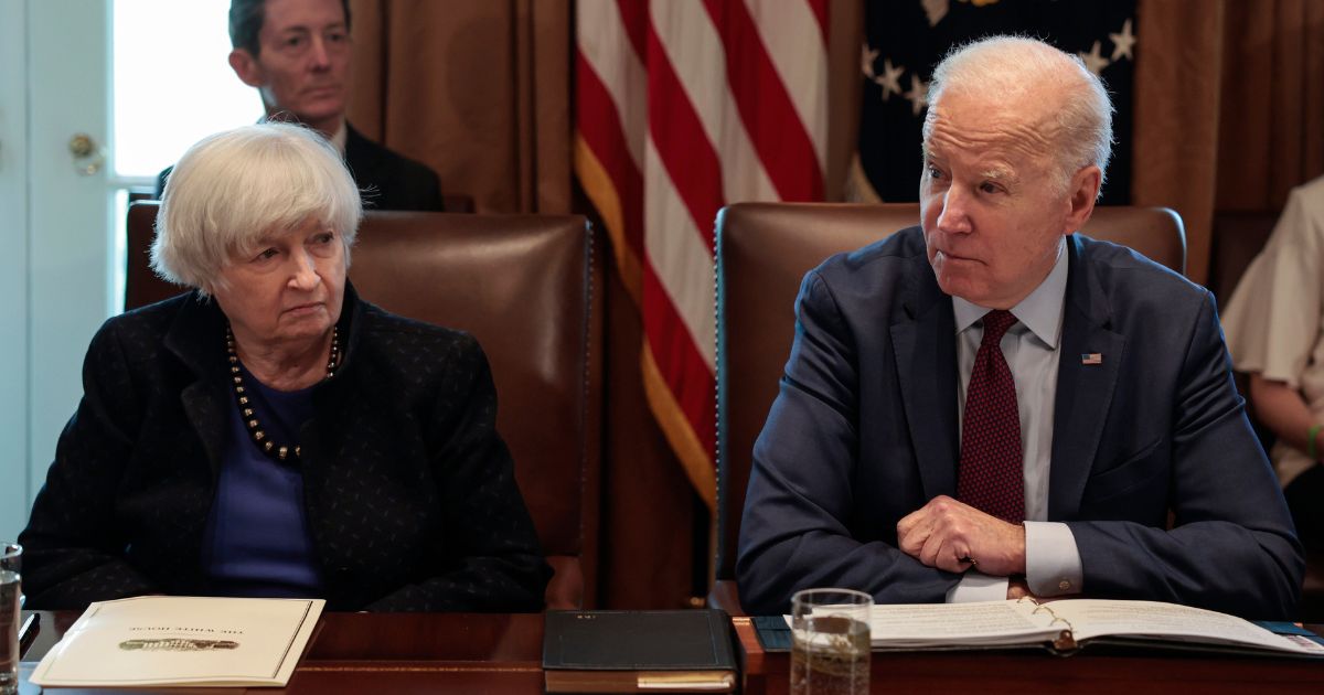 U.S. Secretary of the Treasury Janet Yellen, left, and President Joe Biden, right, talk to reporters from the Cabinet Room of the White House prior to a March 3 cabinet meeting.