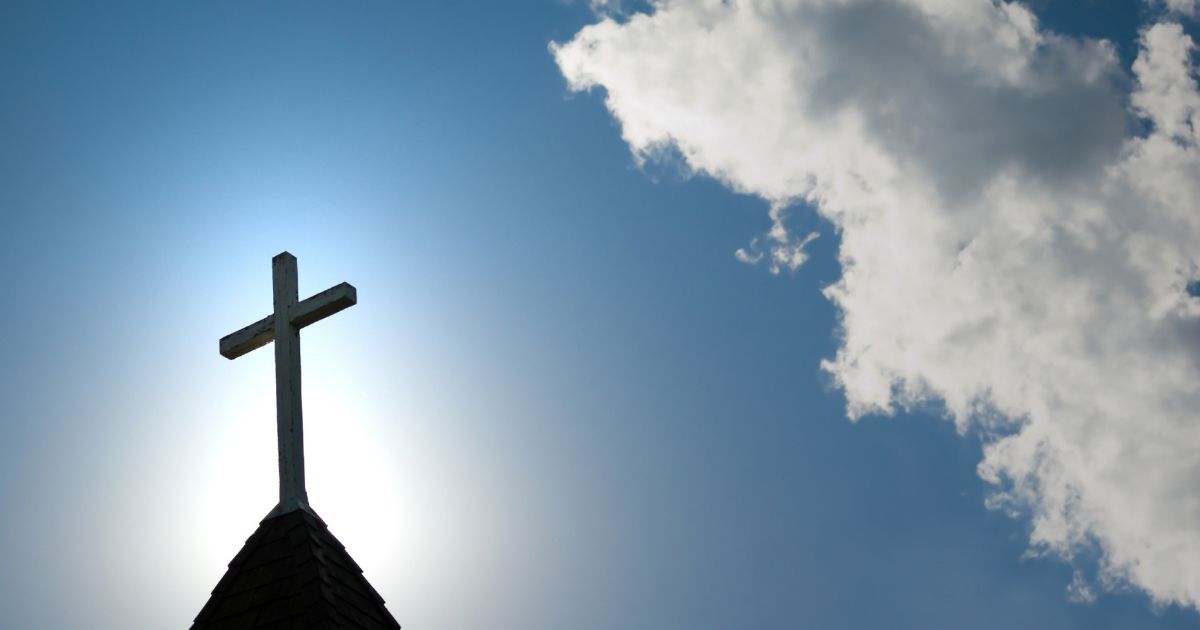 A church steeple is seen in this stock image.