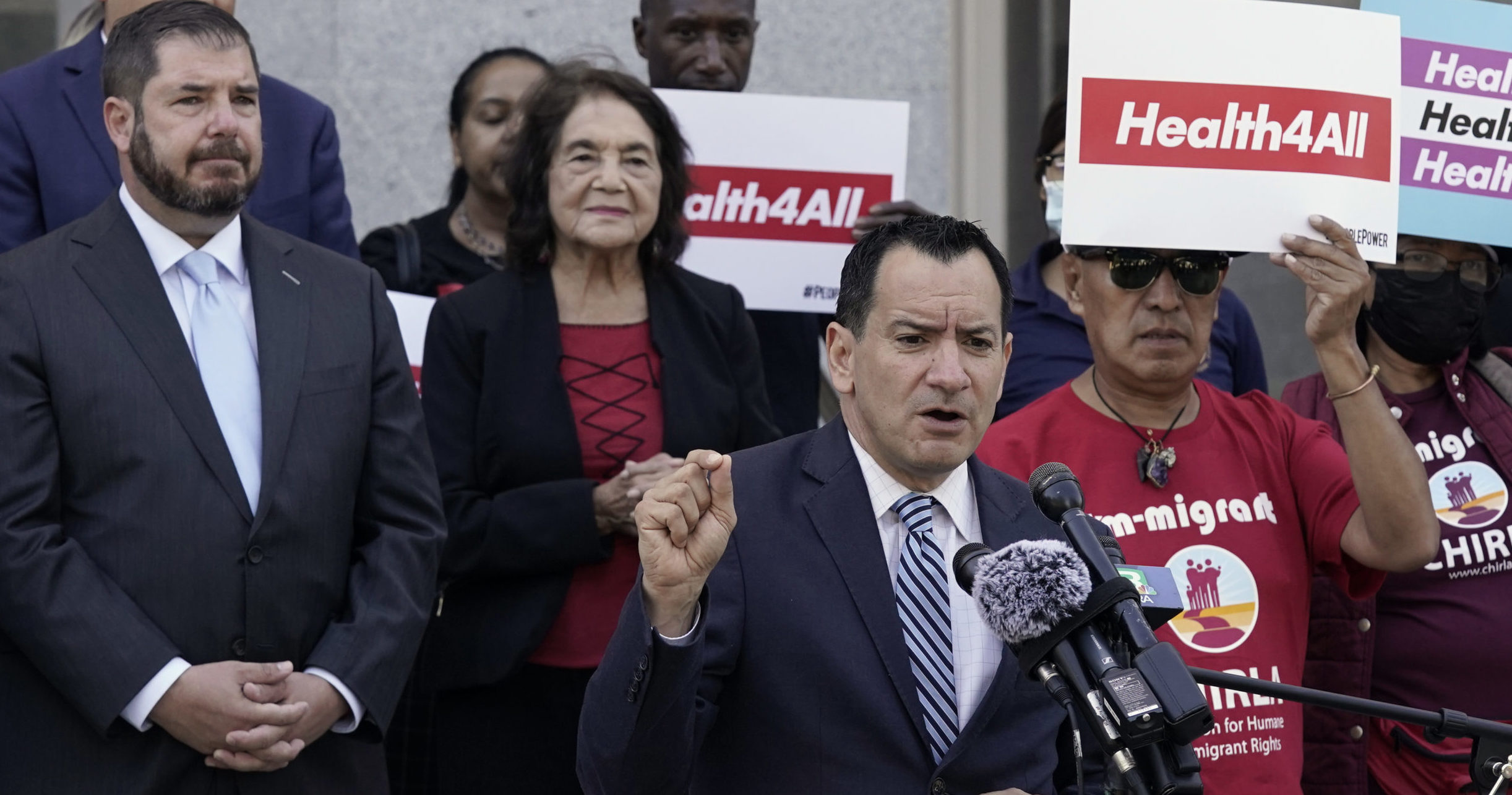 California Assembly Speaker Anthony Rendon, a Democrat, speaks in support of government-provided health care for low-income illegal immigrants during a rally at the state Capitol in Sacramento on Wednesday.