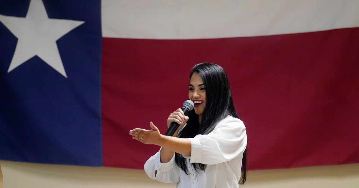 Republican congressional candidate Mayra Flores speaks at a Cameron County Conservatives event in Harlingen, Texas, on Sept. 22, 2021.