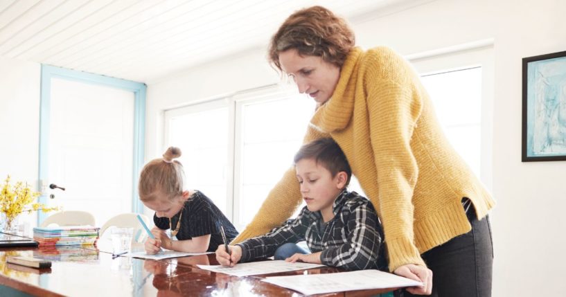A mother homeschools her children in the above stock image.