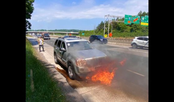 A silver Jeep caught on fire around Akron, Ohio.