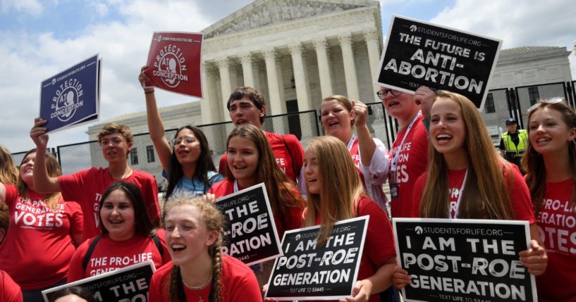 Pro-life activists celebrate near the Supreme Court in Washington, D.C., on Friday.