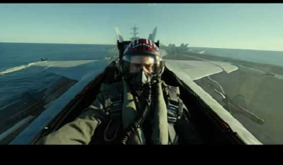 Actor Tom Cruise in a fighter plane in a scene from "Top Gun: Maverick."