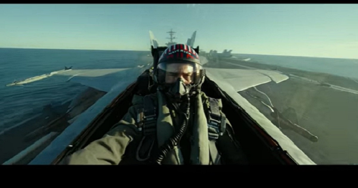 Actor Tom Cruise in a fighter plane in a scene from "Top Gun: Maverick."