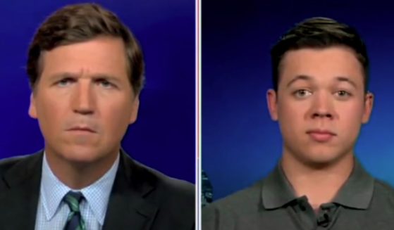 Kyle Rittenhouse, right, is interviewed by Tucker Carlson, left, on Monday, to discuss potential legal action against media and tech companies.
