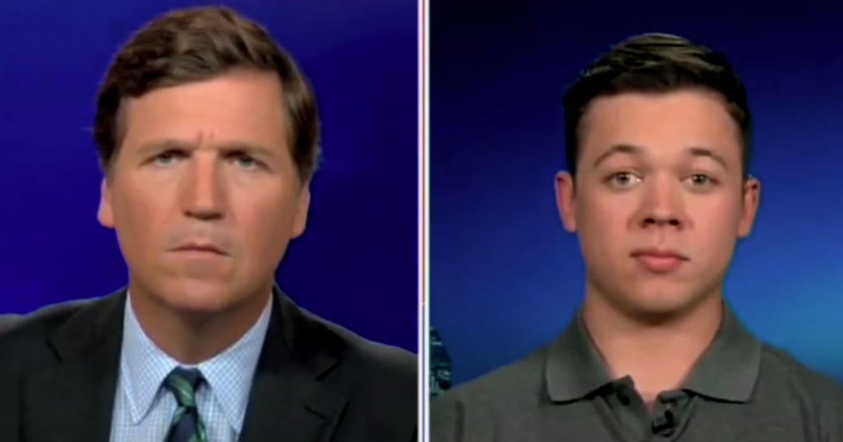 Kyle Rittenhouse, right, is interviewed by Tucker Carlson, left, on Monday, to discuss potential legal action against media and tech companies.