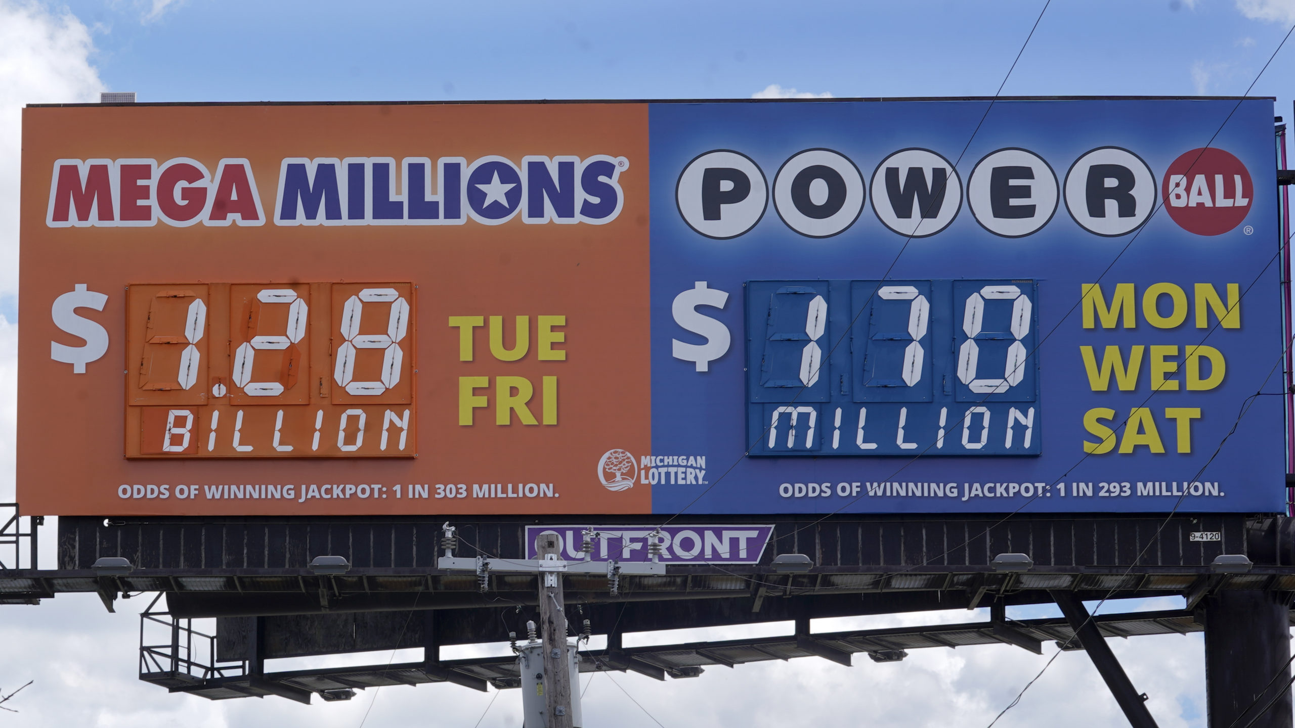 A sign displays the Mega Millions lottery jackpot Friday in Detroit.
