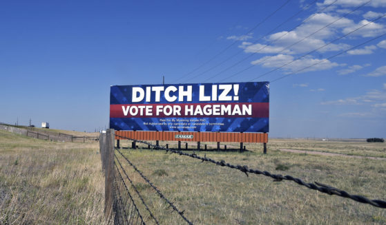 A billboard outside Cheyenne, Wyoming, calls on voters to cast their ballots for Harriet Hageman, who is running against incumbent Rep. Liz Cheney in the Republican primary election.