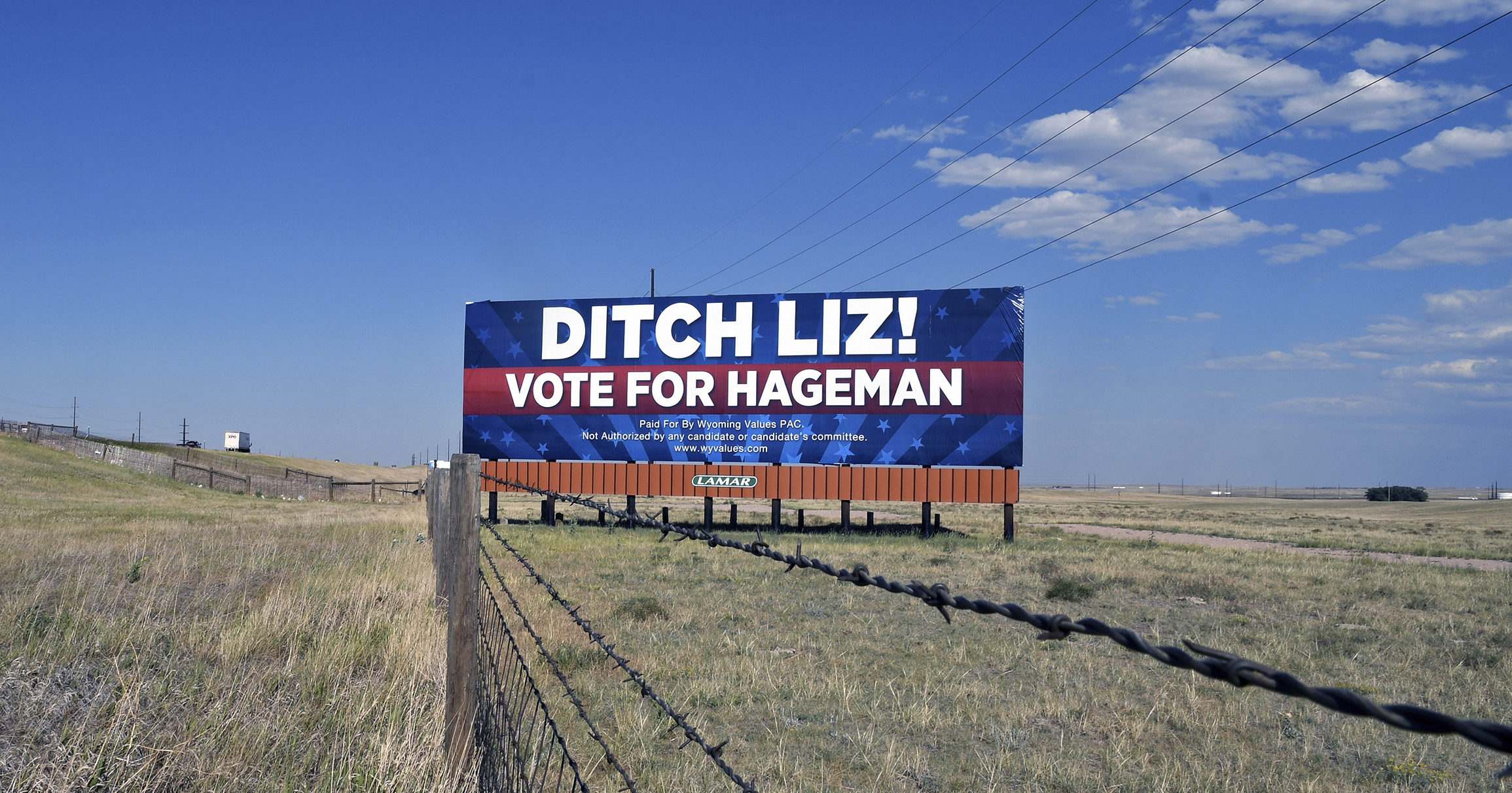 A billboard outside Cheyenne, Wyoming, calls on voters to cast their ballots for Harriet Hageman, who is running against incumbent Rep. Liz Cheney in the Republican primary election.