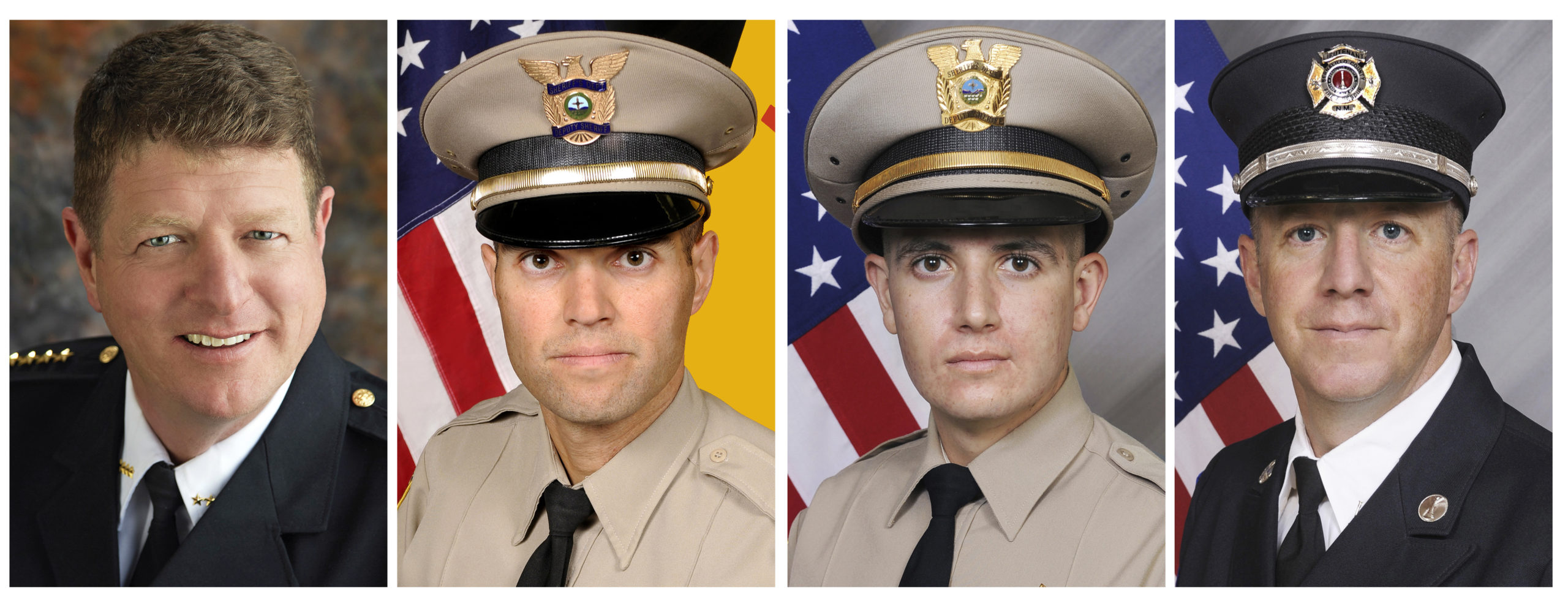 This combo of undated images provided by the Bernalillo County Sheriff's Office and Bernalillo County Fire Department, shows, from left, Undersheriff Larry Koren, Lt. Fred Beers, Deputy Michael Levison and county Fire and Rescue Department Specialist Matthew King. The four were killed in a crash of a Bernalillo County Sheriff's Office helicopter that was headed back to Albuquerque after assisting firefighters in another New Mexico city, authorities said Sunday.