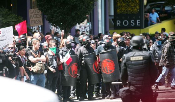 Antifa protesters gather for a campaign rally on August 4, 2018, in Portland, Oregon.