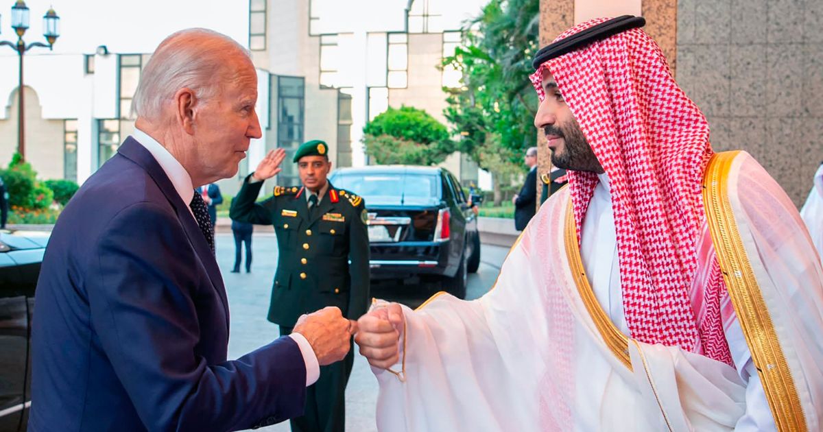 Saudi Crown Prince Mohammed bin Salman, right, greets President Joe Biden with a fist bump after his arrival in Jeddah, Saudi Arabia, on Friday.