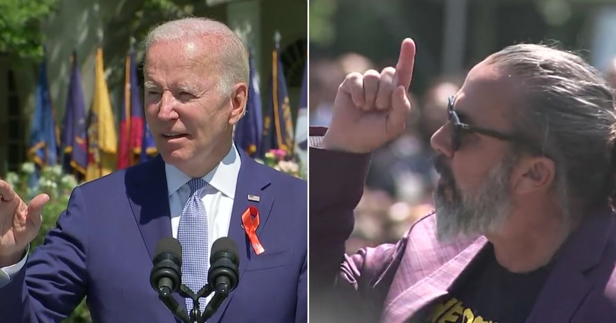 During a speech on Monday morning discussing gun violence and gun legislation, President Joe Biden, left, was interrupted by a protester, right.