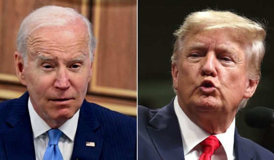 At left, President Joe Biden looks on during a virtual meeting in the Eisenhower Executive Office Building in Washington on June 1. At right, former President Donald Trump speaks during a "Save America" rally at the Alaska Airlines Center in Anchorage, Alaska, on Saturday.