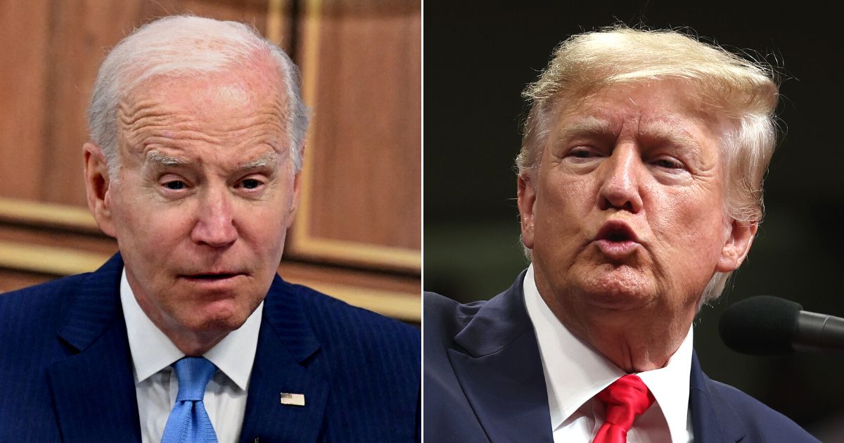 At left, President Joe Biden looks on during a virtual meeting in the Eisenhower Executive Office Building in Washington on June 1. At right, former President Donald Trump speaks during a "Save America" rally at the Alaska Airlines Center in Anchorage, Alaska, on Saturday.