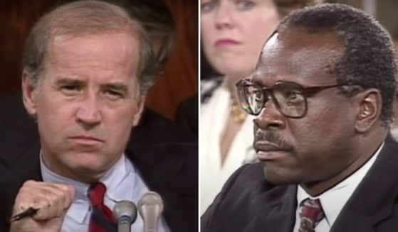 During his confirmation hearing to the Supreme Court on Oct. 11, 1991, then-nominee Clarence Thomas, right, denied allegations from Anita Hill to the then-Sen. Joe Biden-led, left, committee.