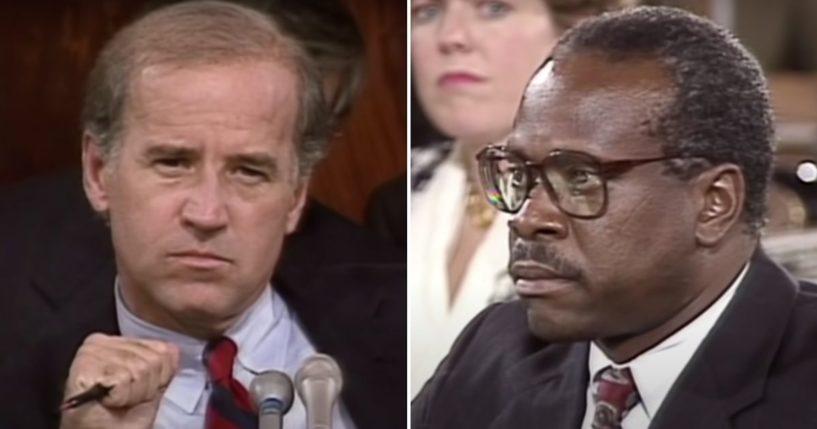 During his confirmation hearing to the Supreme Court on Oct. 11, 1991, then-nominee Clarence Thomas, right, denied allegations from Anita Hill to the then-Sen. Joe Biden-led, left, committee.