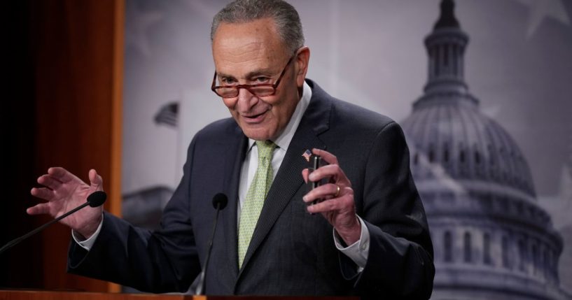 Senate Majority Leader Chuck Schumer speaks to reporters during a news conference at the U.S. Capitol on Thursday in Washington, D.C.