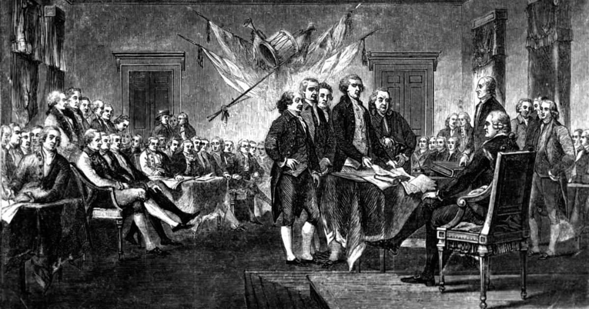 An engraving of the scene on July 4, 1776, when the Declaration of Independence was approved by the Continental Congress